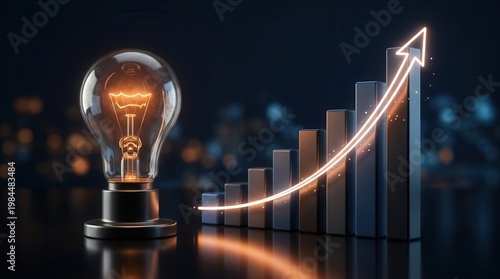 A rising bar graph with upward moving arrows and a glowing light bulb representing success strategies.