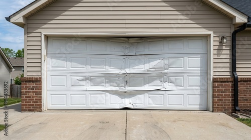 Suburban home maintenance issue featuring a badly dented and bent white garage door.