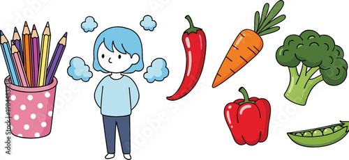 Colorful Pencil Holder with Cute Cartoon Child Character and Fresh Vegetables Including Pepper Carrot Broccoli and Peas Vector Illustration