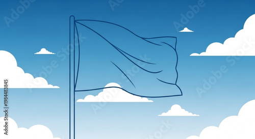 A blue flag waving in the wind against a clear sky with white clouds symbolizing freedom and optimism
