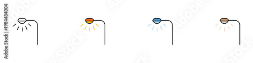 Street light lamp post icon set for urban lighting and public safety. City lantern and roadway illumination symbols. Vector Illustration.