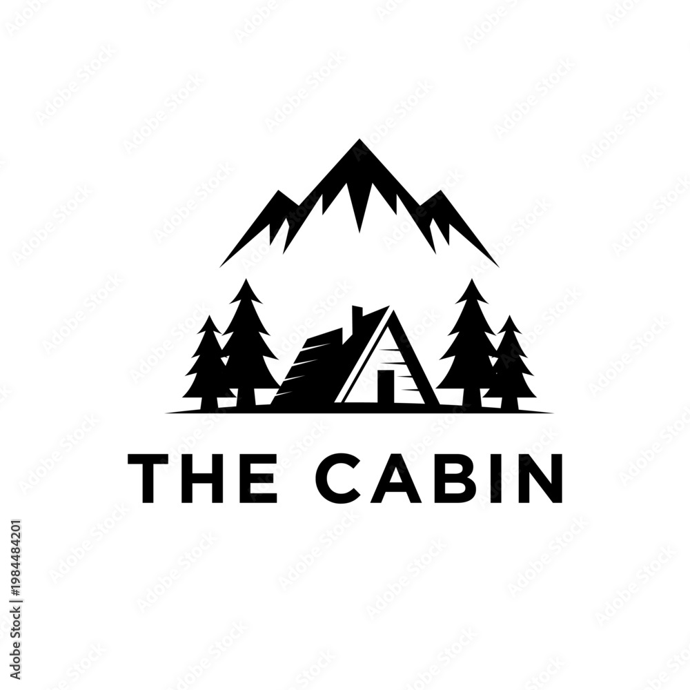Obraz premium Minimalist black and white logo icon of a rustic cabin nestled in a forest with majestic mountains in the background, symbolizing nature, wilderness, and outdoor adventure.