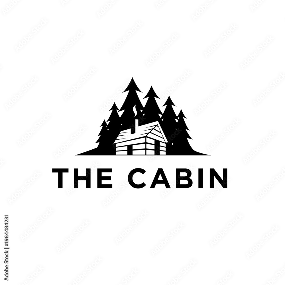 Obraz premium The Cabin Logo with Rustic House, Pine Trees, and Chimney Smoke Silhouette