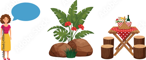 Woman with Speech Bubble, Tropical Plant with Rocks, and Outdoor Picnic Table with Food and Wine Vector Illustration Set