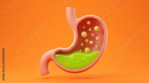 Gastrointestinal discomfort illustration of a human stomach with acid and gas on bright orange.