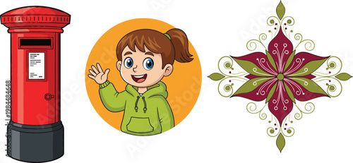 Red British Post Box Mailbox with Cute Waving Girl Cartoon Avatar and Decorative Floral Ornament Vector Illustration Set