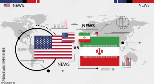 Usa vs iran flag comparison on world map with news graphics and bar charts