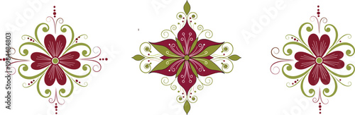 Decorative Floral Ornament Vector Set Featuring Elegant Symmetrical Flower Patterns with Vintage Style Decorative Elements