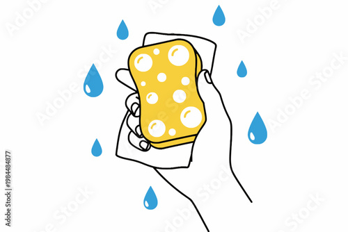 Hand holding yellow cleaning sponge with water drops