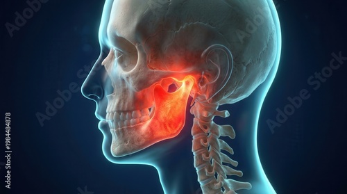 Medical visualization of temporomandibular joint disorder and jaw pain in a transparent head.
