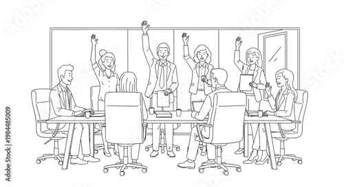 Business meeting group voting with hands raised in modern office conference room
