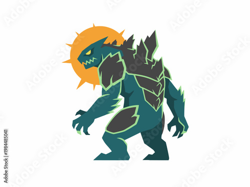 Kaiju monster creature with rocky armor and sun halo vector