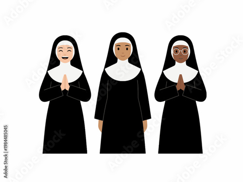 Catholic nuns standing and praying flat vector illustration