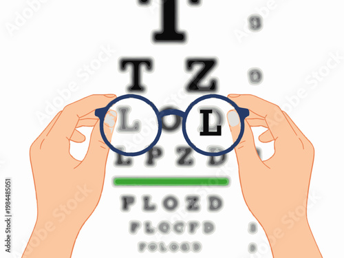 Hands holding eyeglasses in front of blurry Snellen eye chart