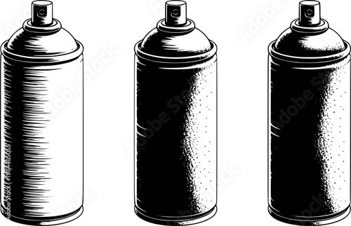 Stylized black and white spray paint cans white background, isolated aerosol container