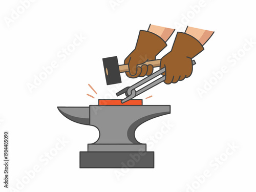 Blacksmith forging hot metal with hammer and tongs on anvil