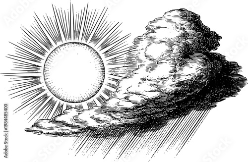 Vintage engraving of sun with radiating beams partially obscured by a dark, stormy cloud with rain