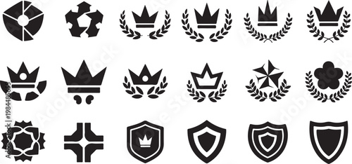 Collection of royal crowns and shields icons set