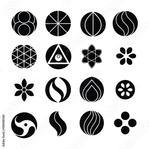 Abstract Circular Symbol Icon Set – Geometric, Floral and Yin Yang Vector Collection
