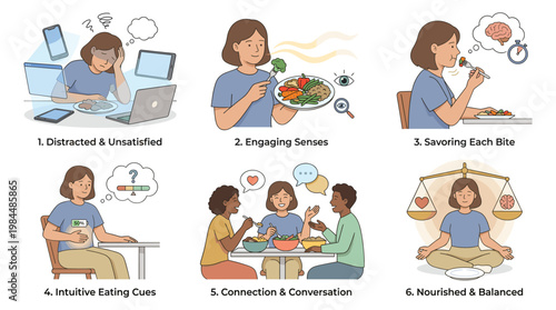 Illustration depicts a woman engaging in various mental wellness activities for stress relief and healthy eating habits.