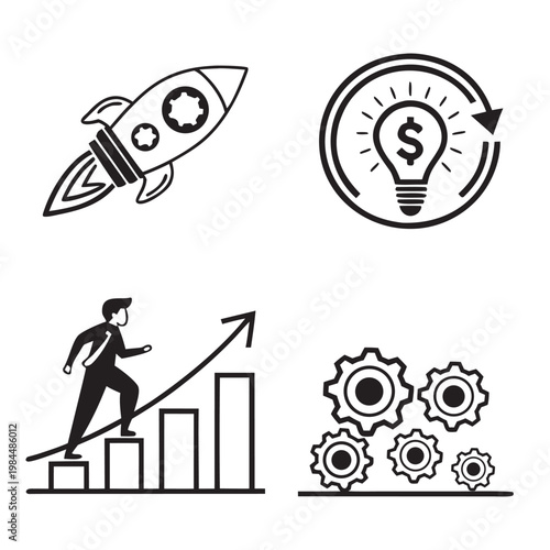 Business Growth and Startup Success Icons – Rocket Launch, Profit Idea, Analytics and Gear Vector Set