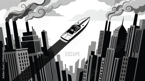 City Escape with Speed Boat Soaring Above Buildings Monochrome Illustration
