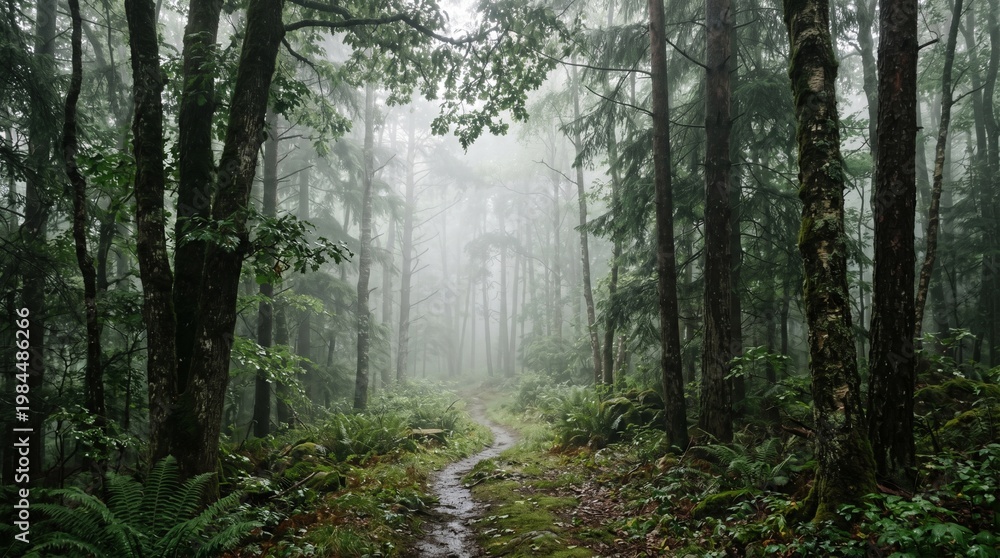 Fototapeta premium A serene forest scene with a winding path through tall trees and lush greenery on a foggy day