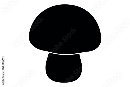 A black silhouette of a mushroom with a large cap and short stem on a white background