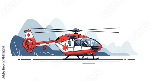 Red and White Medical Helicopter with Star of Life Symbol, Mountains Background