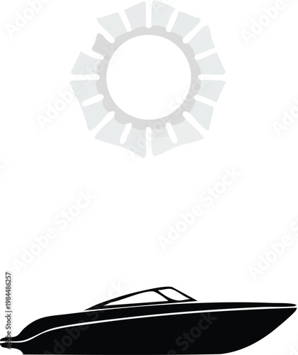 Black Speed Boat Cruising Under a Stylized Sun on a Clear Day