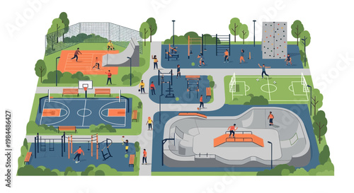 Outdoor Recreation Park with Sports Courts, Skatepark, and Fitness Zone