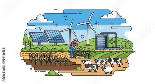 Sustainable Agriculture: Farmer, Wind Turbines, Solar Panels, Livestock, and Irrigation System