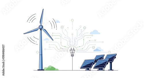 Renewable Energy Concept: Wind Turbine and Solar Panels Connected with Digital Grid
