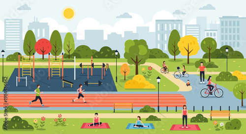 Active people exercising in a sunny urban park with sports facilities and city skyline