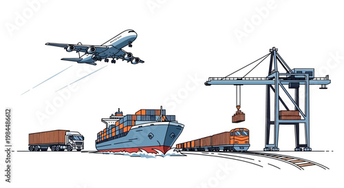 Global Logistics: Airplane, Cargo Ship, Train, Truck, and Crane Illustration