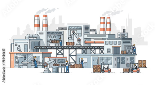 Modern factory production line with robots, workers, and forklifts