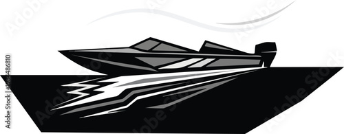Sleek Speed Boat Glides Across an Obsidian Lake Vector in a Stark White Background
