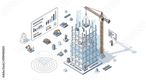 Isometric Construction Building Project with Infographic and Crane