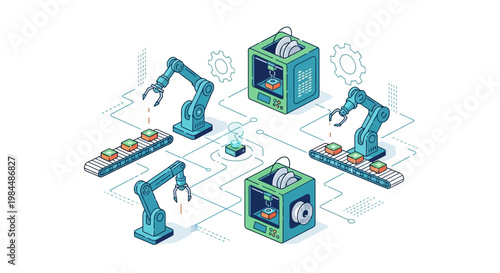 Automated Factory Assembly Line with Robotic Arms and 3D Printers