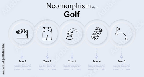 Golf set icon. Wind direction sock flag, golfer shorts clothing, ball dropping into hole splash, golf balls egg carton pack, flag with ball trajectory path. Neomorphic circular buttons