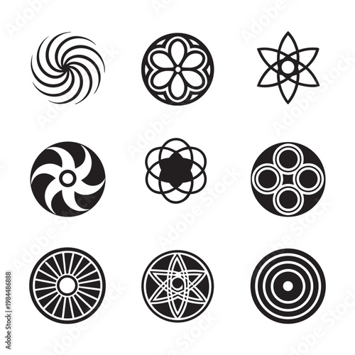 Geometric Circular Logo Set – Abstract Spiral, Floral and Atomic Vector Icons