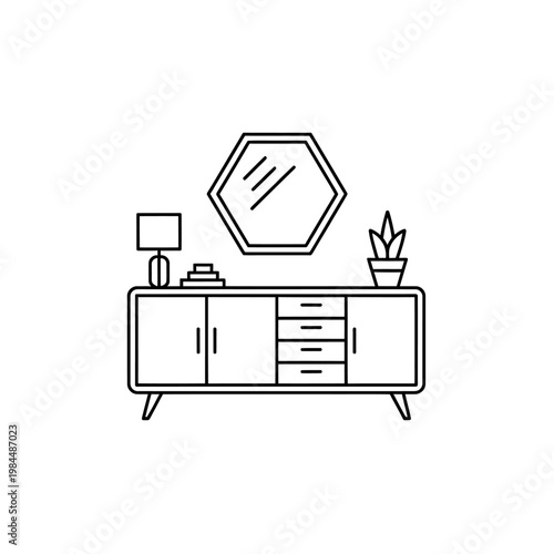 Minimalist modern sideboard with hexagonal mirror and decorative items