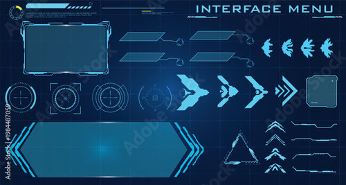 Dynamic collection of advanced digital interface elements for immersive futuristic user experience designs and heads-up display layouts, featuring various interactive graphic components