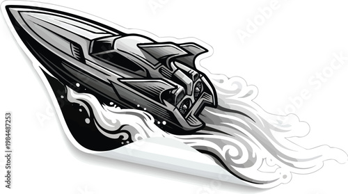 Speedboat Sticker with a Futuristic Style on a White Background