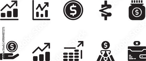 Financial growth and investment icons represent economic progress, showing upward trends in bar charts, coins, and monetary symbols for financial planning and analysis.