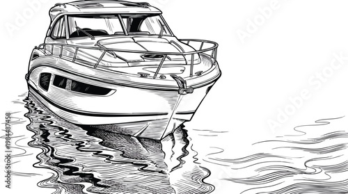 Speed Boat Black and White Detailed Lines Showing Luxurious Cruiser