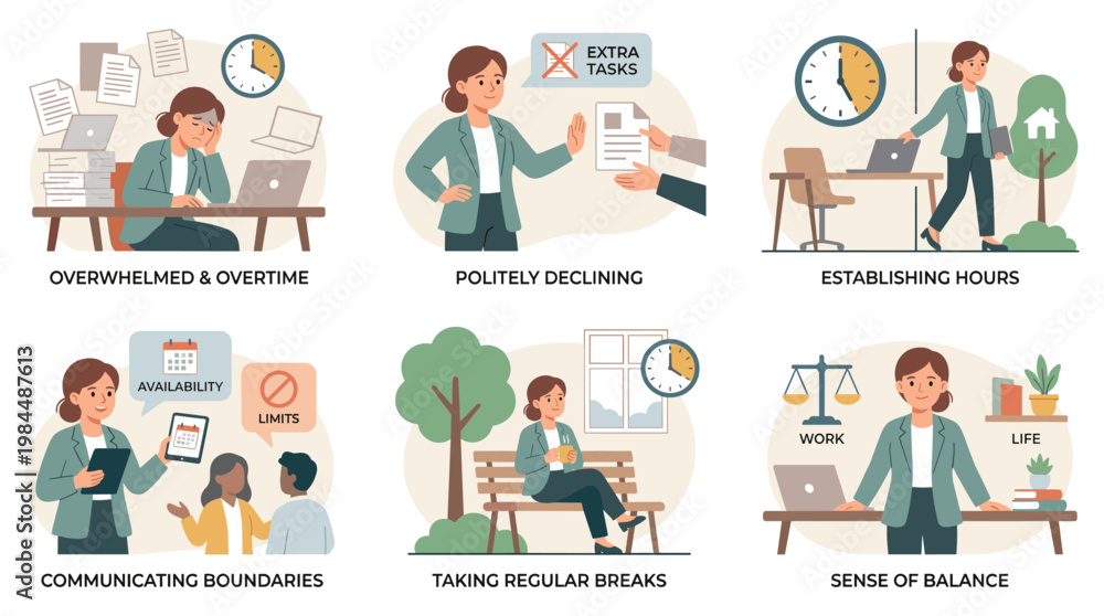 Fototapeta premium Woman managing stress with wellness techniques at office desk with laptop
