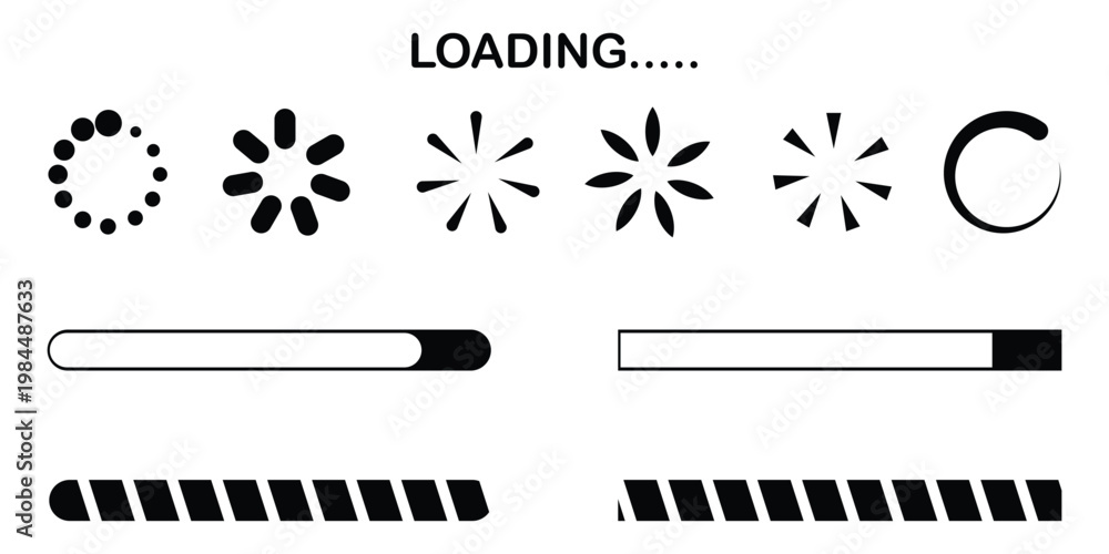 Naklejka premium Loading Icons and Progress Bar Vector Set. Circular Spinners and Horizontal Load Indicators eps 10.