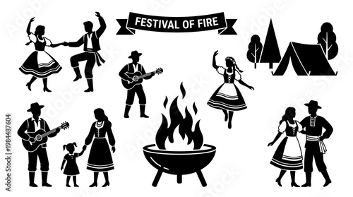 Black silhouette vector of people dancing and camping around a fire pit. Festival of fire celebration, traditional dance, guitar player and tents isolated on white background.
