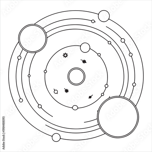 A diagram of a solar system with planets and stars